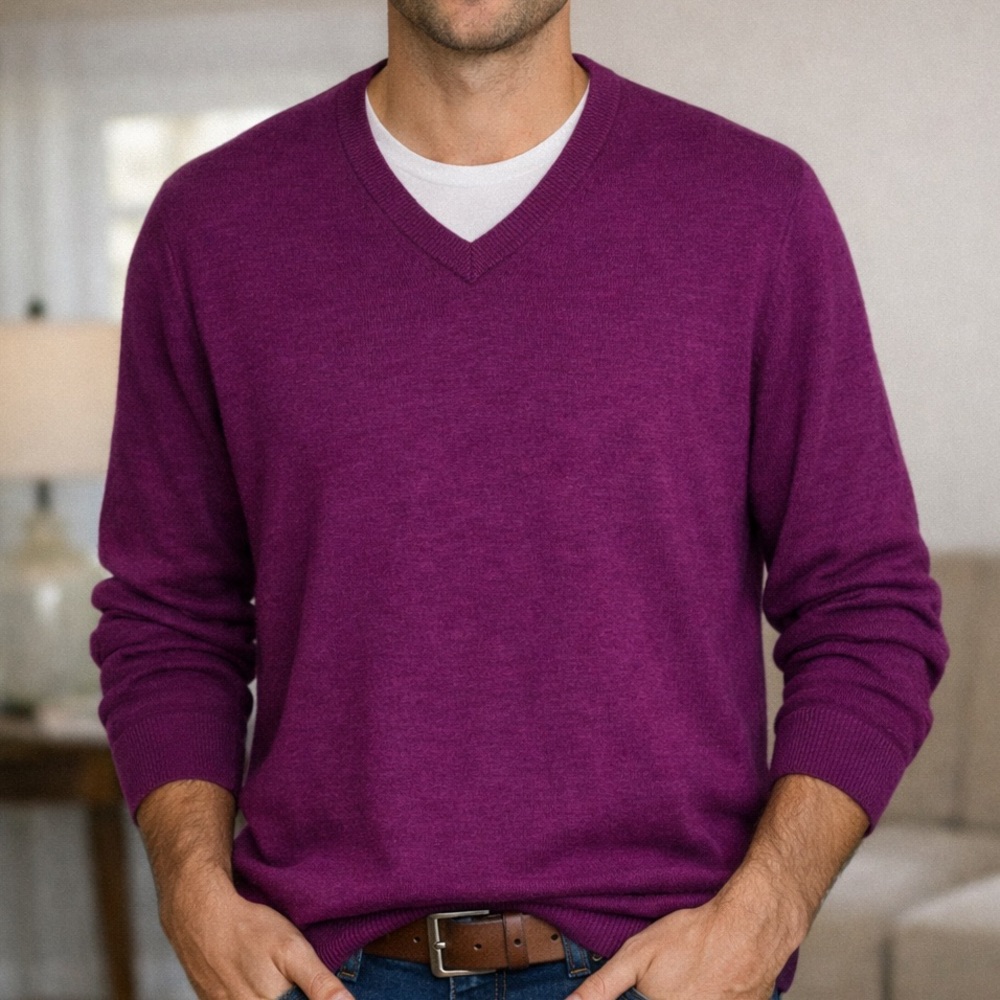 Wool Club Room Estate Merino Wool V-Neck Sweater long sleeve Magenta Mens Large